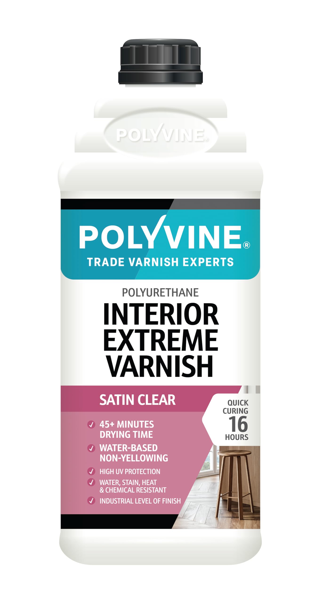 Polyvine Interior Extreme Varnish Satin or Dead Flat – Quick Dry Polyurethane Clear Coat Multi Use Protective Coating - Water-Based, UV, Heat, Stain, Water Resistant Sealer, Satin, 2L