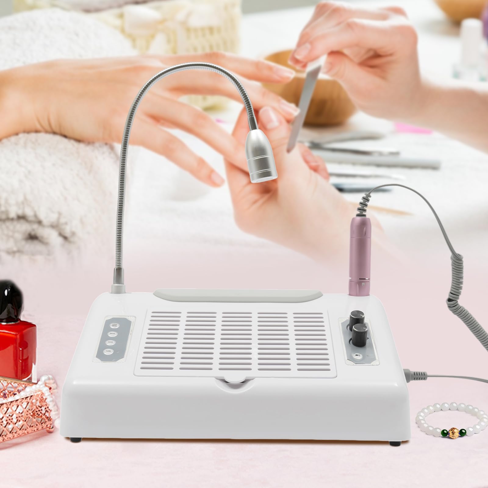 Hteedy 5 in 1 Nail Drill Manicure Machine 30000rpm Electic Nail Lamp Dryer, Nail Dust Collector for Acrylic Nails Manicure, DEST Lamp with Hand Cushion, Professional for Nail Art Tools Accessories