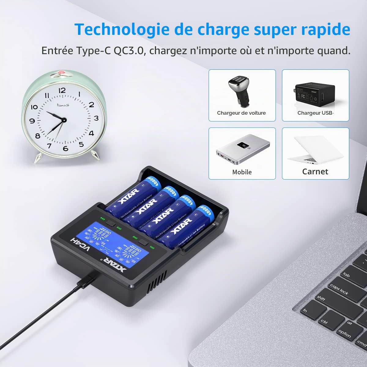 XTAR VC4H 18650 Chargeur de batterie 4 baies universel avec écran LCD USB pour Li-ion 3,7 V 16340 18350 20700 21700 26650 1,2 V NI-MH NI-CD AAA AA