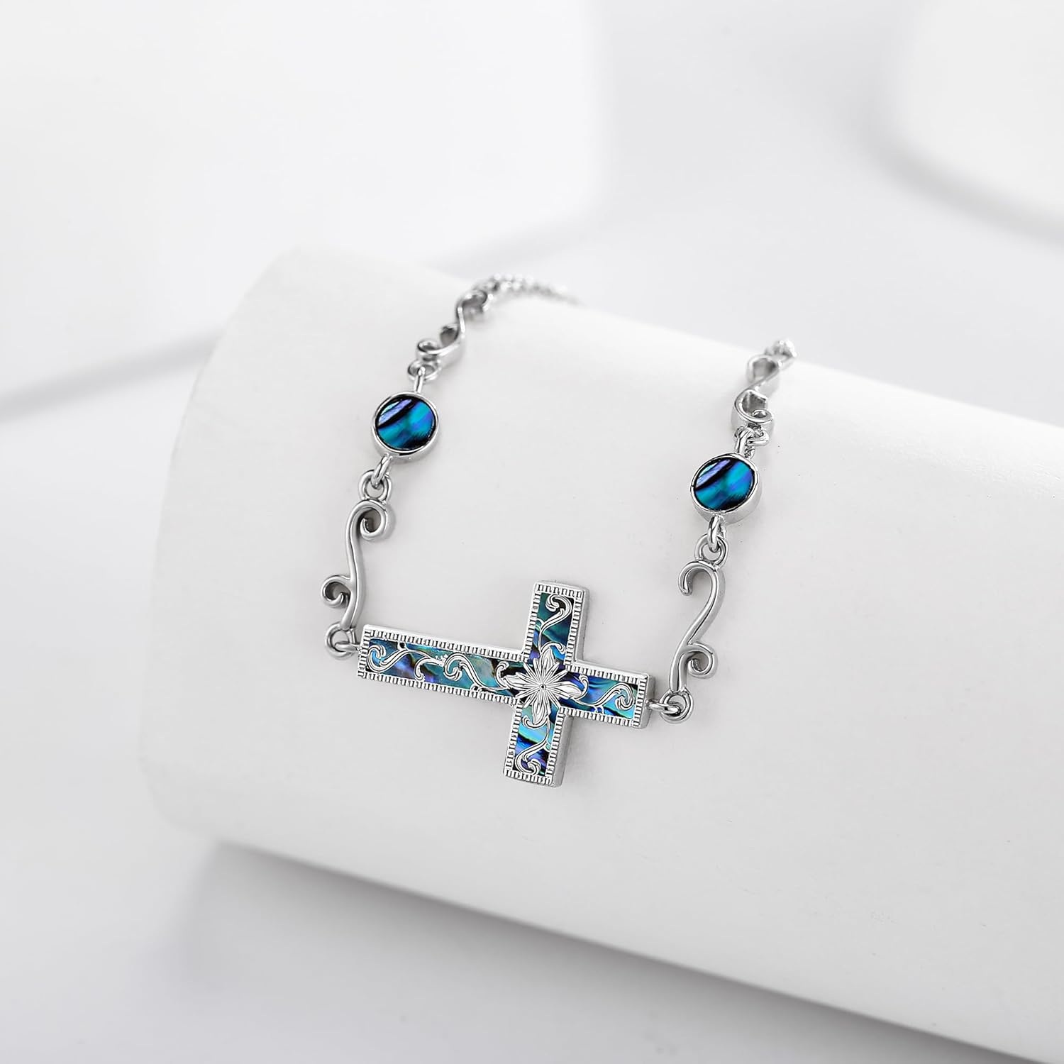 Cross Bracelet for Women 925 Sterling Silver Abalone Shell Christian Sideways Cross Bracelets Religious Jewelry Gifts for Women Mom - Image 3