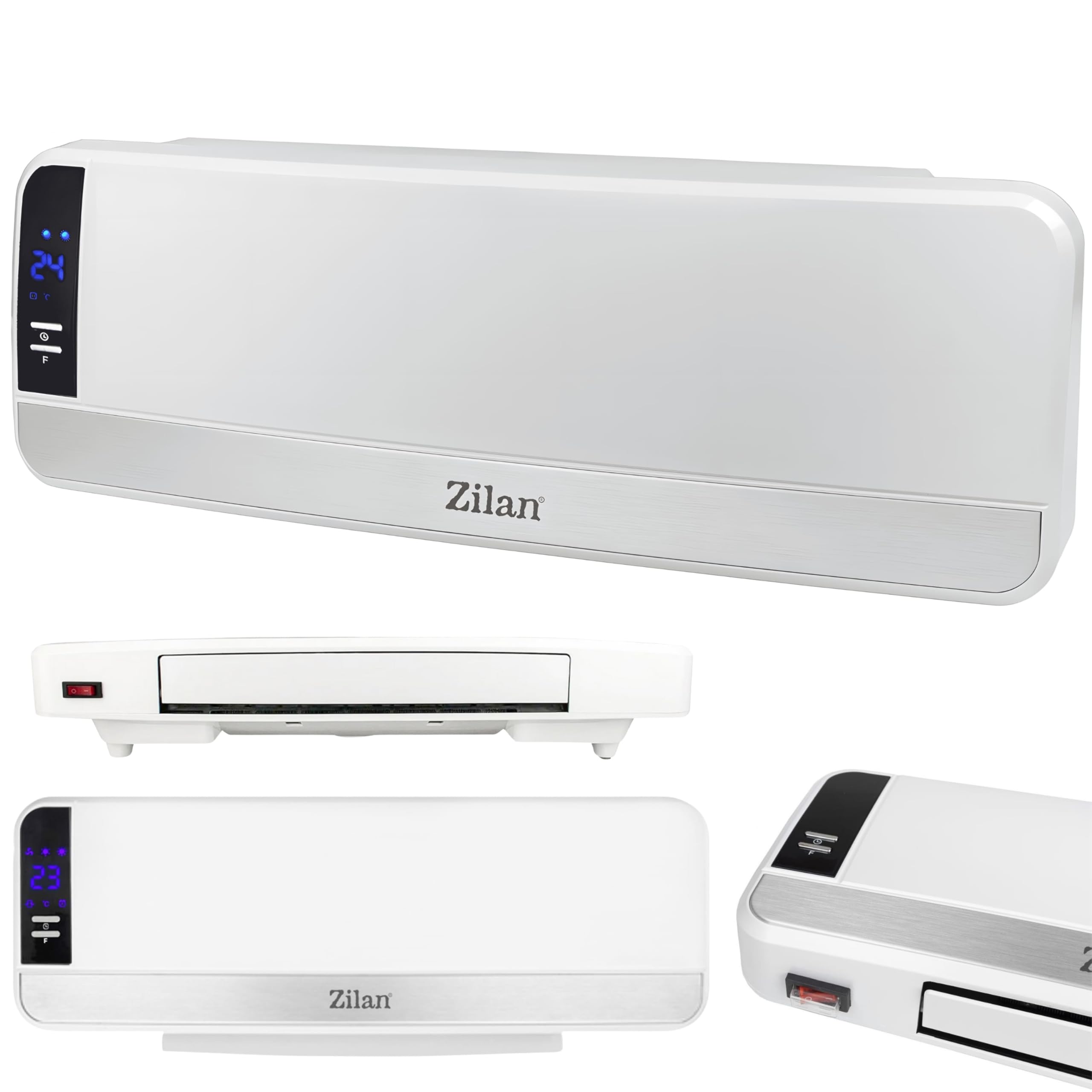 Zilan Ceramic Wall Heater mounted on a wall above a sofa, showing its compact dimensions.