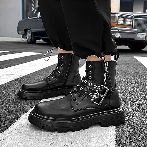 Ephirebra Men's Platform Ankle Boots Lace Up Buckle Side Zipper Non-Slip Round Toe Combat Booties Motorcycle Boots4