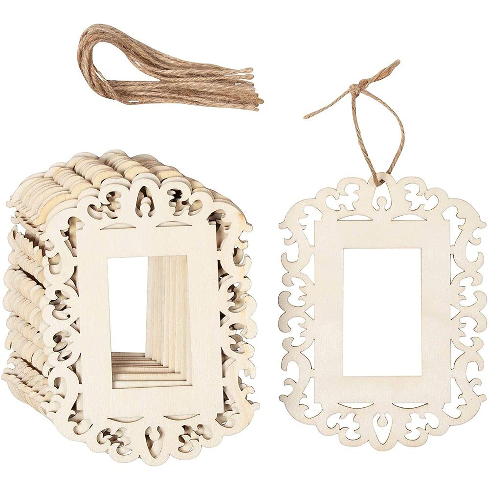 12 Pack Unfinished Wooden Picture Frames for Crafts and DIY Ornaments for Christmas Tree, Includes Jute Rope (4.3 x 5.8 In)