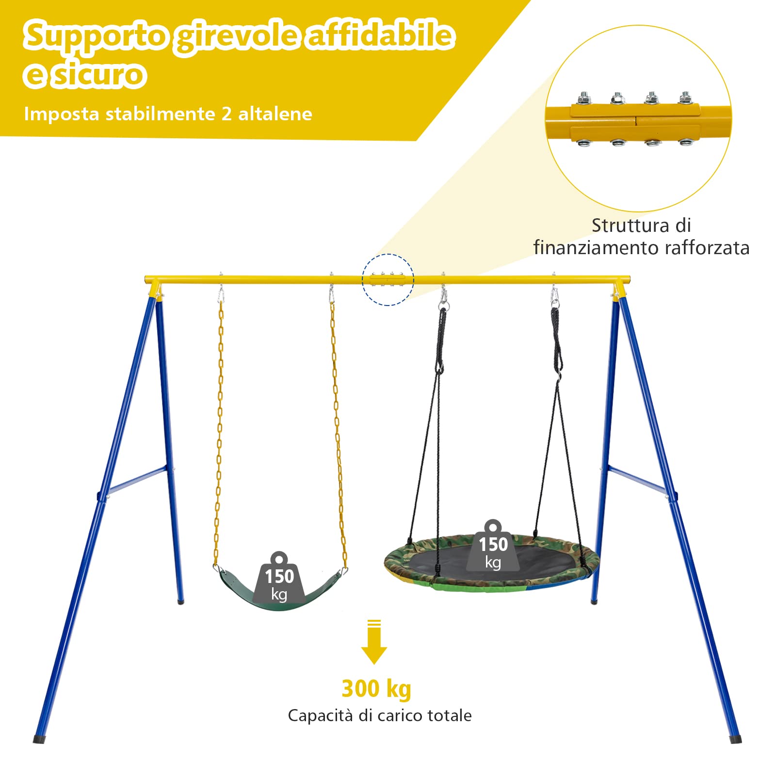 GYMAX Altalena da Giardino per Bambini 3+ Anni, 250 x 185 x 182 cm, Carico 300kg, Struttura per Altalena in Metallo, 4 Chiodi, 4 Copripiedi Antiscivolo, Interni & Esterni