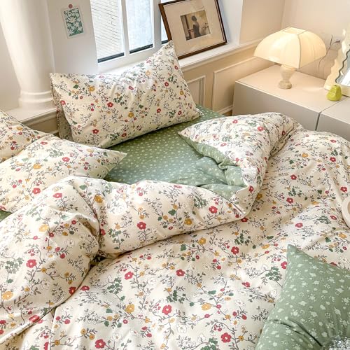 Bettwäsche 200x200 Baumwolle Grün Bunt Blümchen und 2 Kissenbezug 80x80 – Ansicht 3