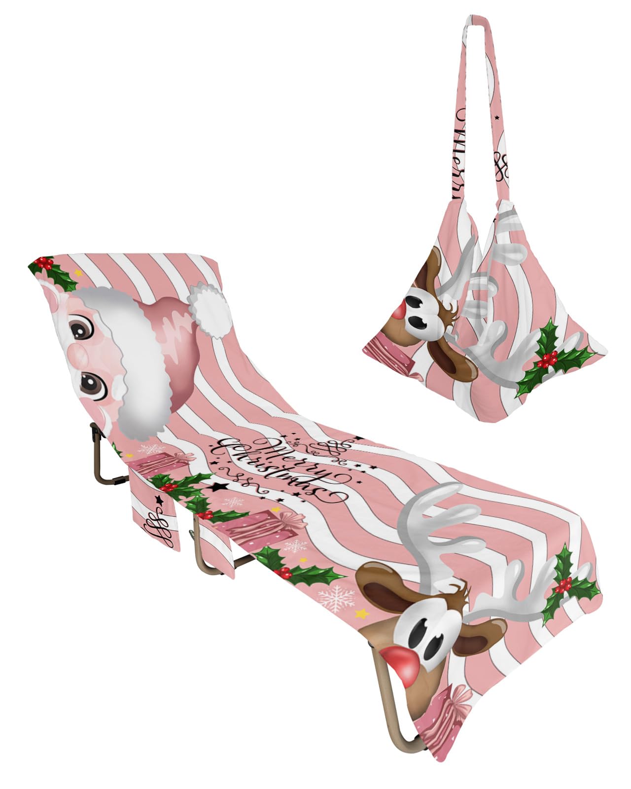 Pink Santa Christmas Beach Lounge Chair Towel Cover, Soft Chaise Lounge Towel with Side Pockets Patio Pool Chairs Cover for Beach/Pool Sunbathing 29x85 Xmas Elk Snowflake Red Moire Geometric
