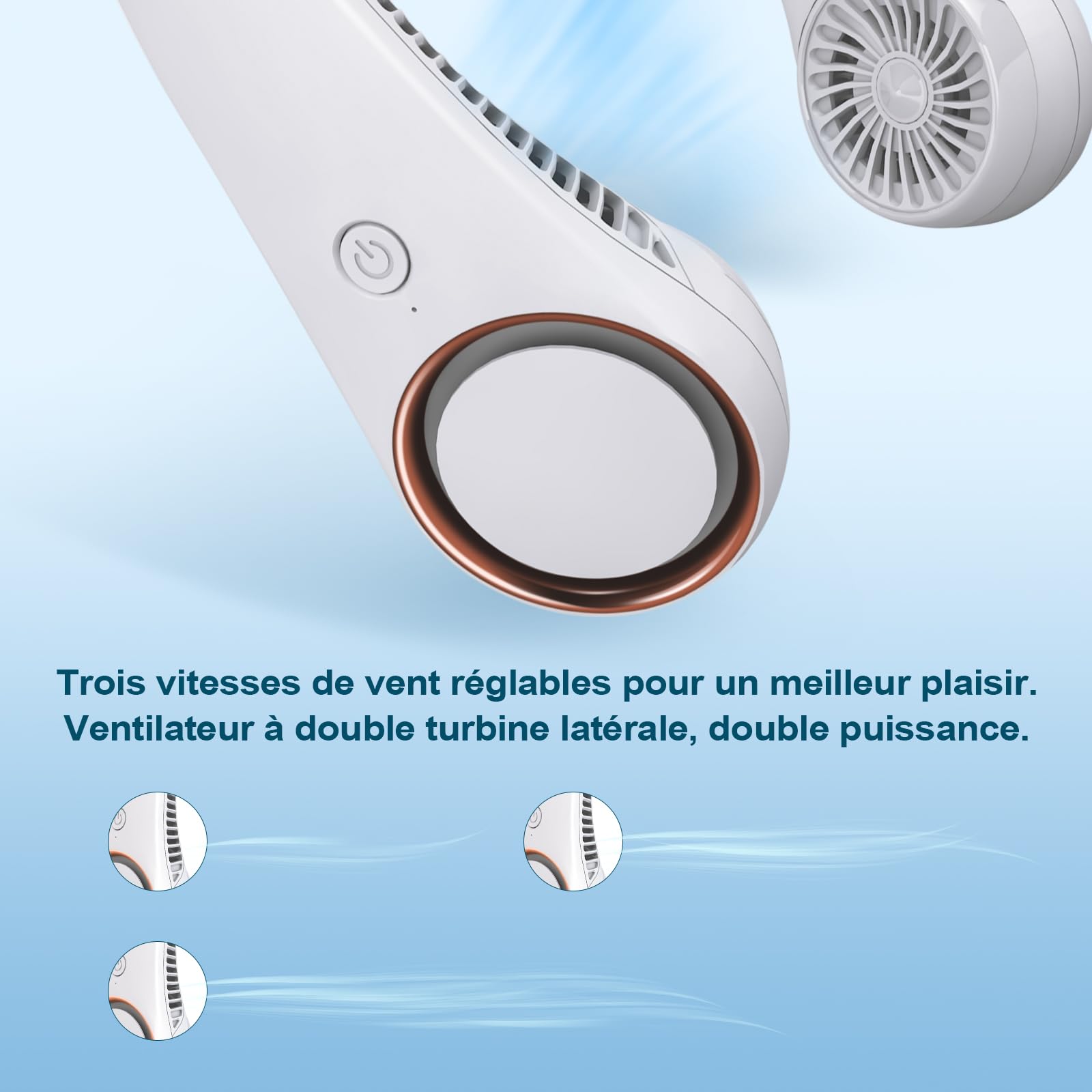 Ventilateur de cou : ventilateur rechargeable sans pales, portable et personnel, pour rafraîchir le cou - mains libres, 3 vitesses, batterie 4000 mAh, alimentation USB, conception de casque portable