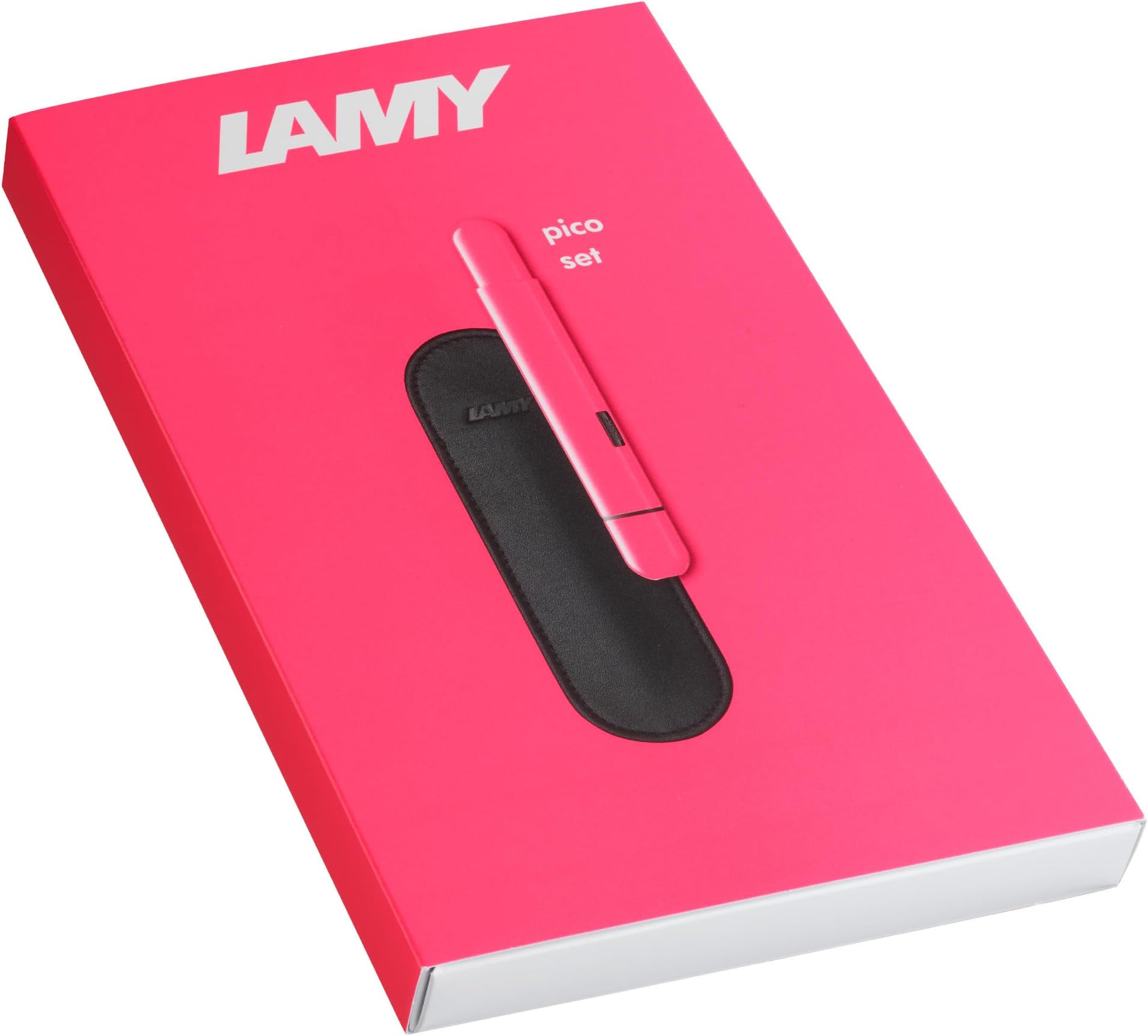 Lamy Pico Neon Pink Ballpoint Pen Gift Set - Innovative Pocket Pen Ballpoint Pen - 1 Click for Full Size - Metal Housing & Line Width M - Includes Genuine Leather Case & Compact Lead M 22 in Black