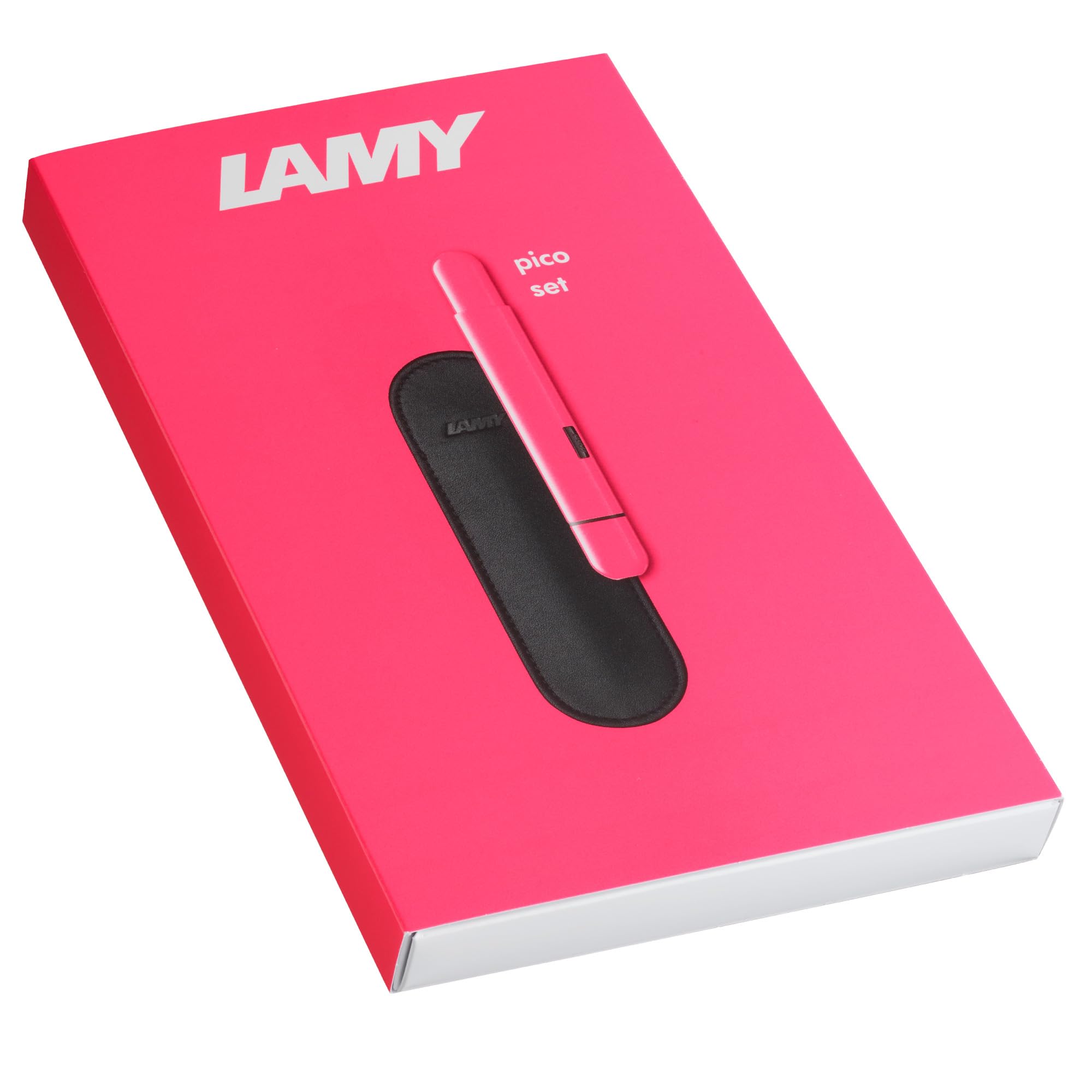 Lamy pico Neon Pink - Set regalo con penna a sfera innovativa Pocket Pen, 1 clic per formato completo, corpo in metallo e tratto M, con custodia in vera pelle e mina Compactmine M 22, colore nero