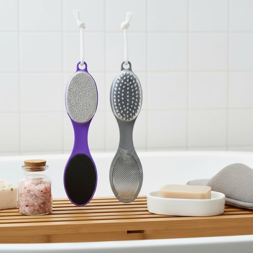 4 in 1 Foot File with Pumice Stone, Foot Rasp and Sandpaper, Dead Skin Remover Foot Scrubber Brush for Home Shower Foot Care Pack of 2