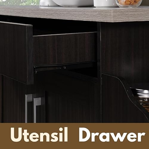 Miniatura 8 de Hodedah Carrito de isla de cocina de madera rodante con estante para especias, toallero, cajón de utensilios y gabinete, blanco con tapa de haya