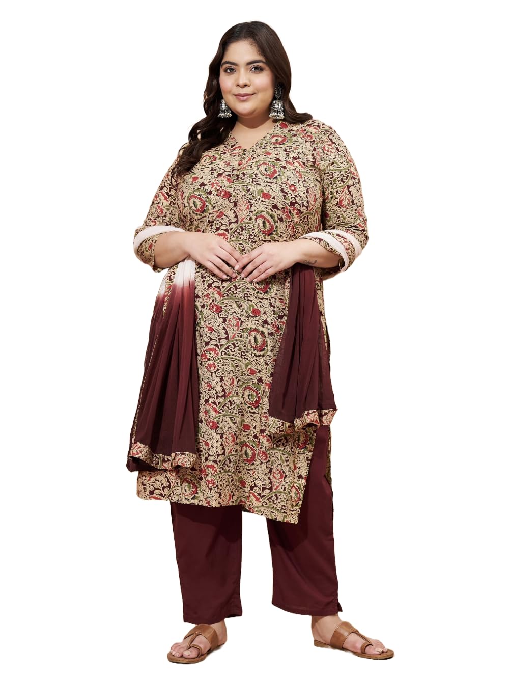 vbuyz Women'S Kalamkari Print Alia Cut Cotton Maroon Stitched Kurta Pant With Dupatta | Dupatta Set | Ethnic Set | Kurta Pant-picture-20