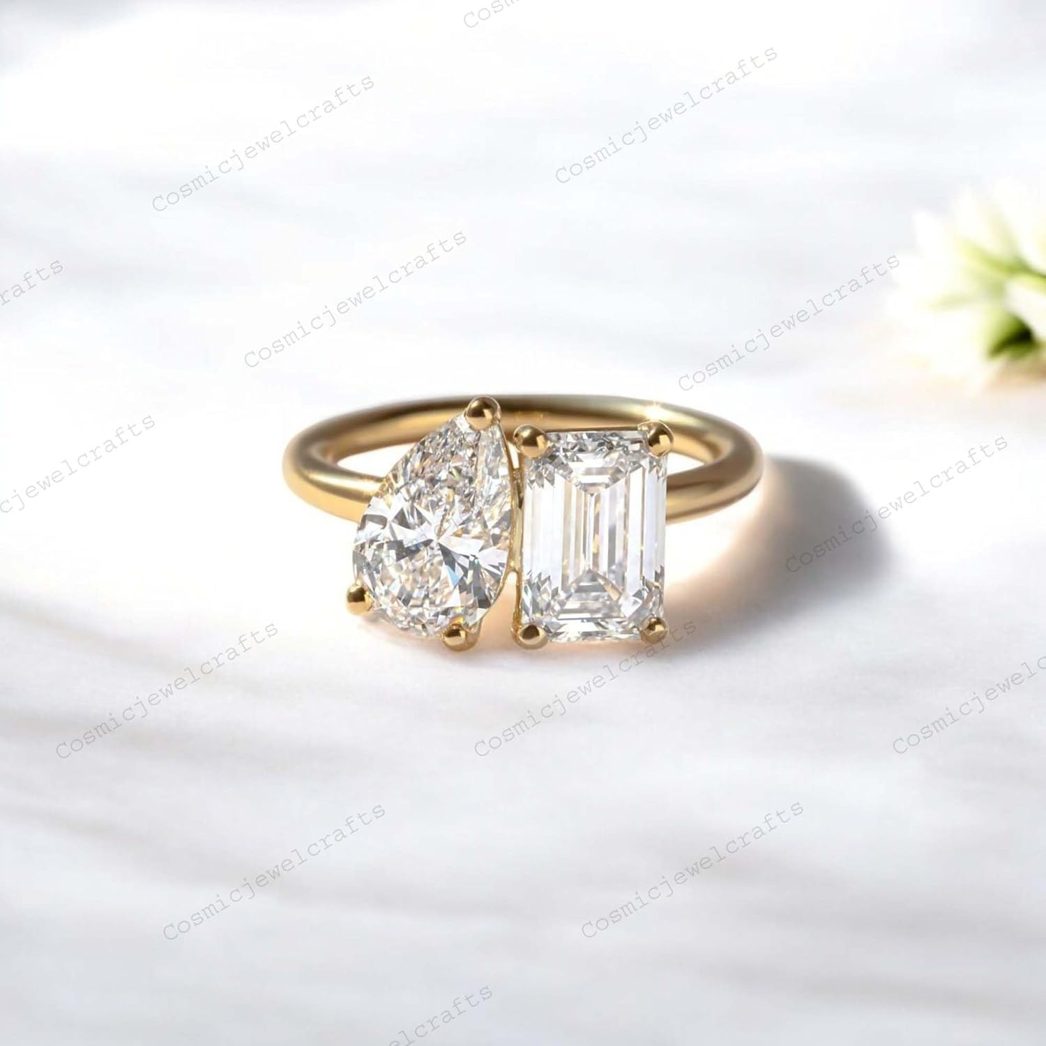 Moissanite Engagement Ring 14k Gold Pear and Emerald Cut Double Stone Toi et Moi Ring Two Stone Anniversary Promise Jewelry for Her