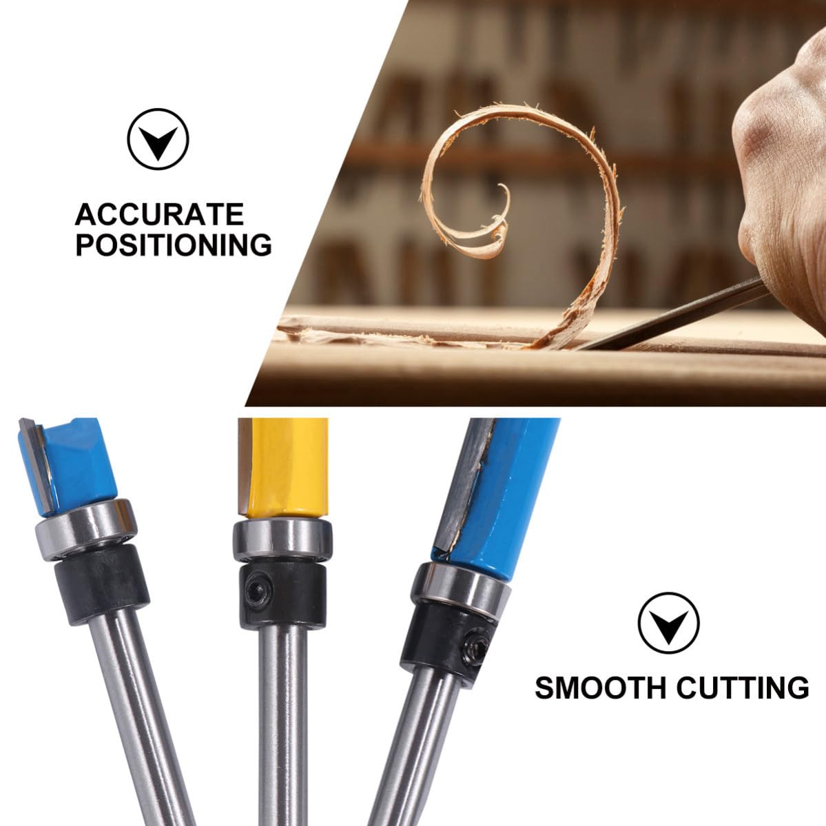 Vaguelly Woodworking Flush Trim Router Bits 3pcs 1/4 Inch Handle Hard Alloy Material with Smooth Cutting and High Precision for Solid Wood and Particle Board , for Bakelite Milling