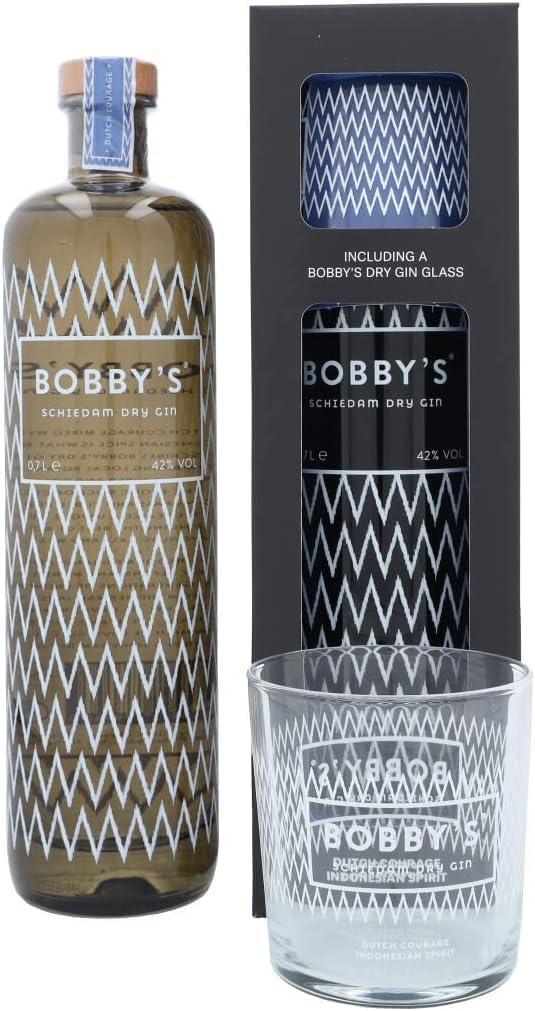 Bobby's Schiedam Dry Gin 70cl | Giftpack mit ein Glas | Außergewöhnliche Mischung aus Indonesischen Botanicals und Traditionellen Gin-Zutaten | 42% ABV | Premiumflasche als Tolles Gin-Geschenk