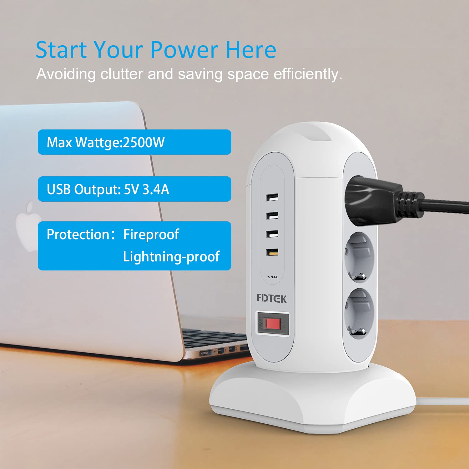 FDTEK 9 gniazd zasilających z wyłącznikiem zabezpieczającym przed przeciążeniem z 3 USB-A i 1 USB C, wiele gniazd z wysuwanym kablem 1,8 m, listwa zasilająca USB C (2500 W/10A) do domu | Wieża ochronna przed przeciążeniem, gniazdo wtykowe z wysuwanym kabl