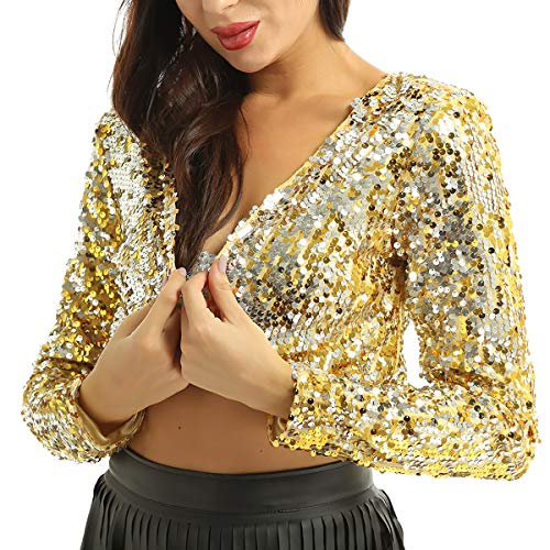ACSUSS Womens Shiny Sequin Long Sleeve Open Front Cropped Blazer Bolero Shrug Jacket Gold One Size