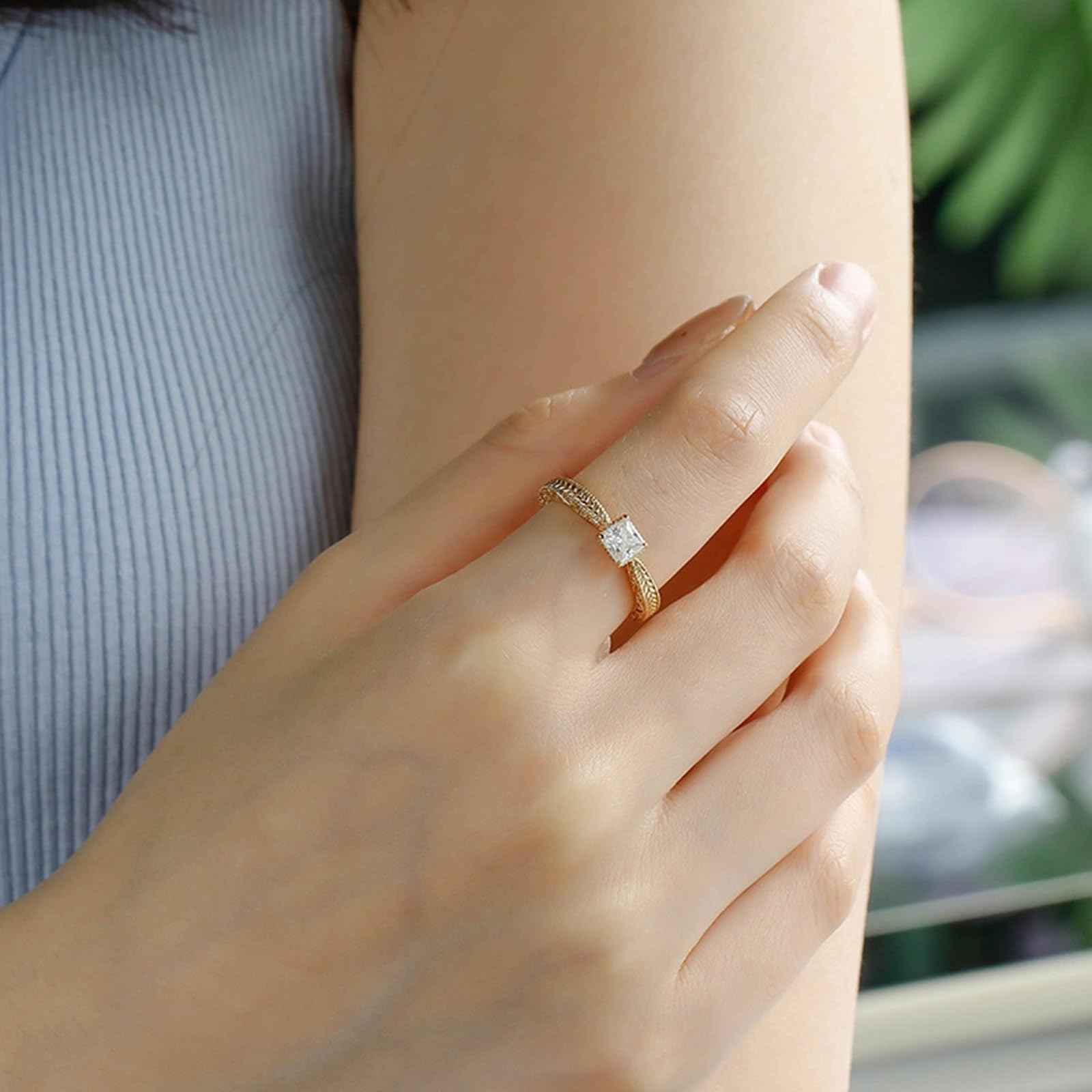 Anillo solitario de oro amarillo de 9 K/14 K/18 K con moissanita de princesa, espiga de trigo solitario