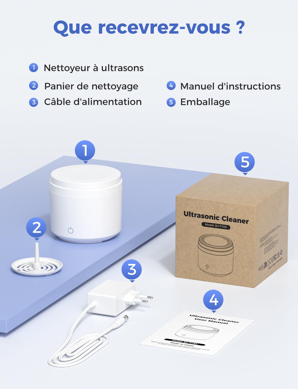 Nettoyeur Ultrasons, Ultrasonic Cleaner 48000Hz, Dental Pod 200ml, Nettoyeur Gouttiere Dentaire avec Lampe UV, pour Prothèses Dentaires/Gouttière Dentaire/Retainer/Bijoux, Blanc