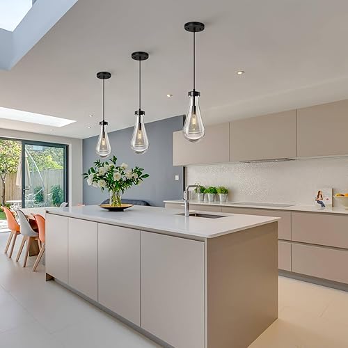 Miniatura 6 de Juego de 3 lámparas colgantes con forma de gota de lluvia, para isla de cocina, lámparas colgantes negras de cristal sólido transparente,