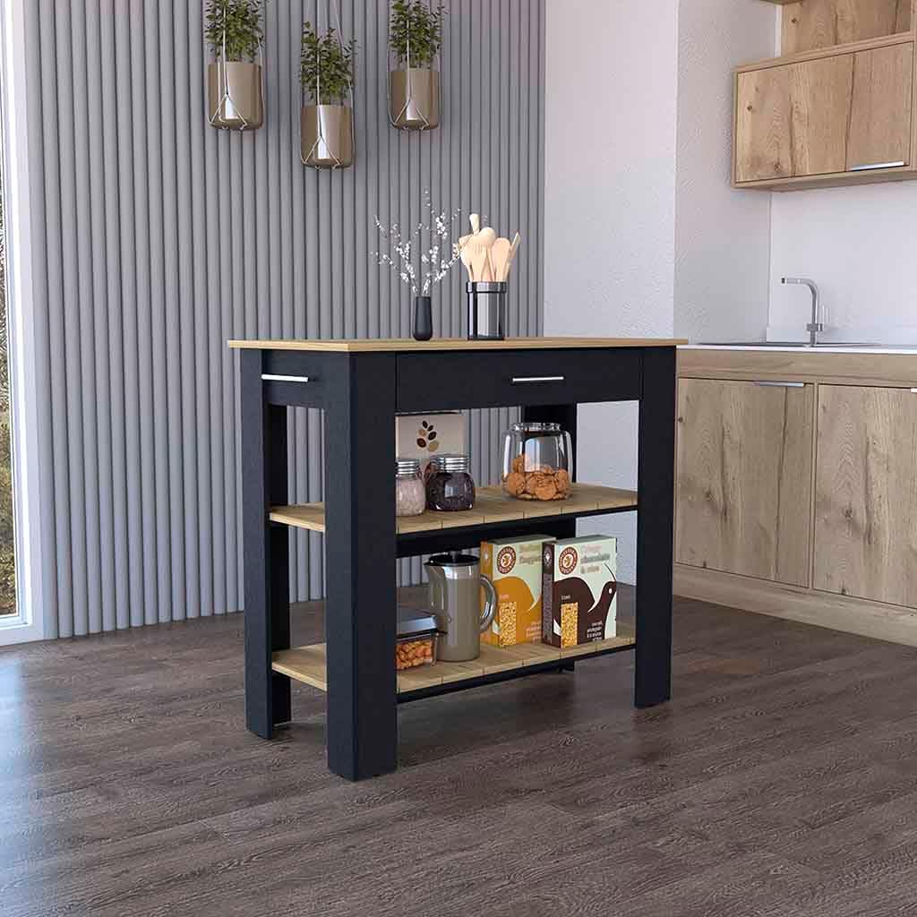 Kitchen Island with Storage, 40-Inch Butcher Block Countertop, Black and Light Oak Finish
