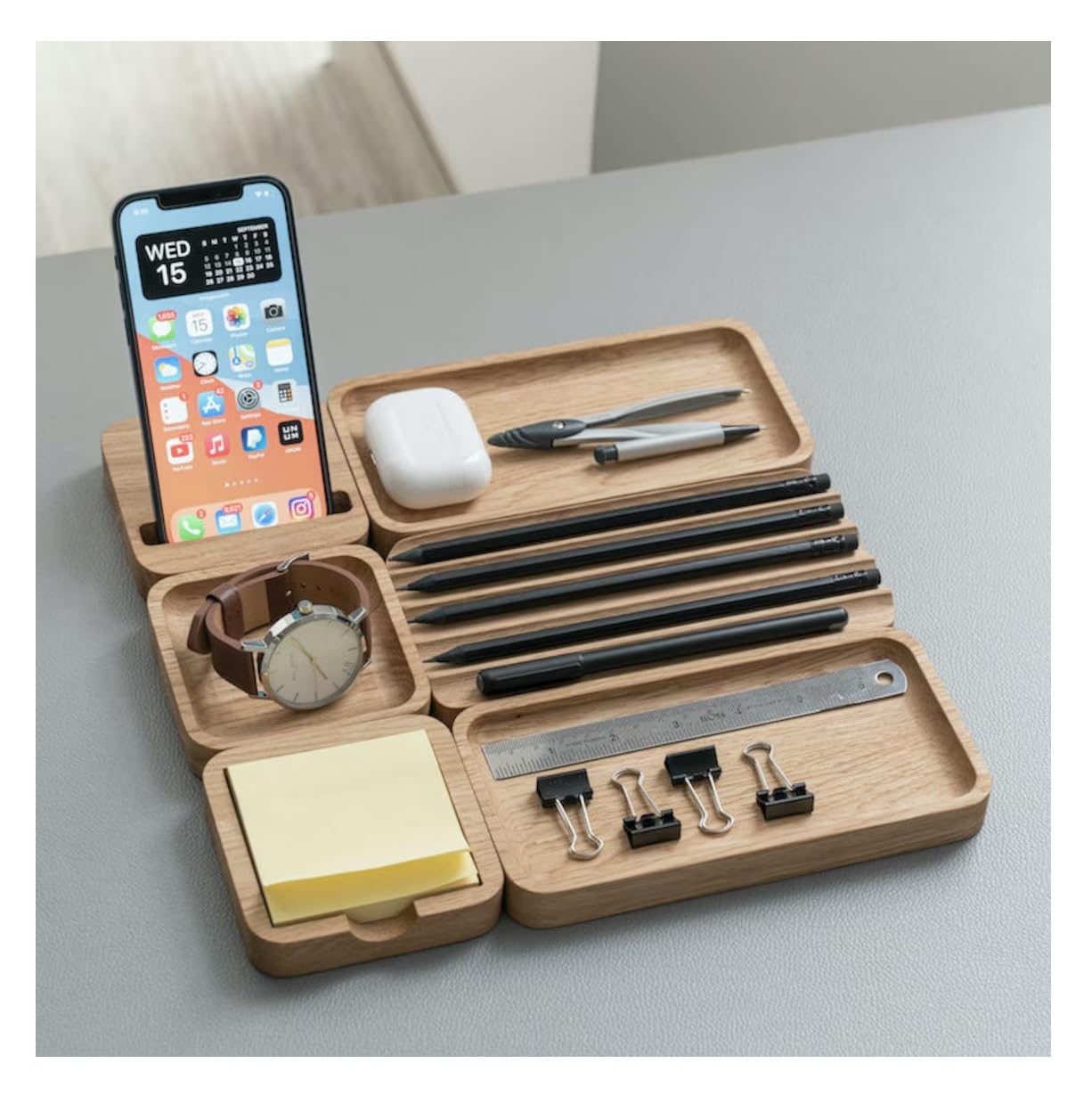 XSOURCE Stylish Office Organizer with Compartments for Phone, Pens-25 mm Thick Solid Wood Desk Tray with Felt Lining - Desktop Organizer for Home Office Essentials, Workspace Organization (STYLE-4)