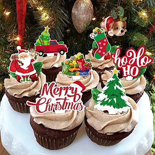 Christmas Cupcake Toppers 72Pcs Christmas Cake Decorations For Santa Tree Snowman Sock Candy Theme Party Cake Toppers Christmas Party Supplies #TOP1