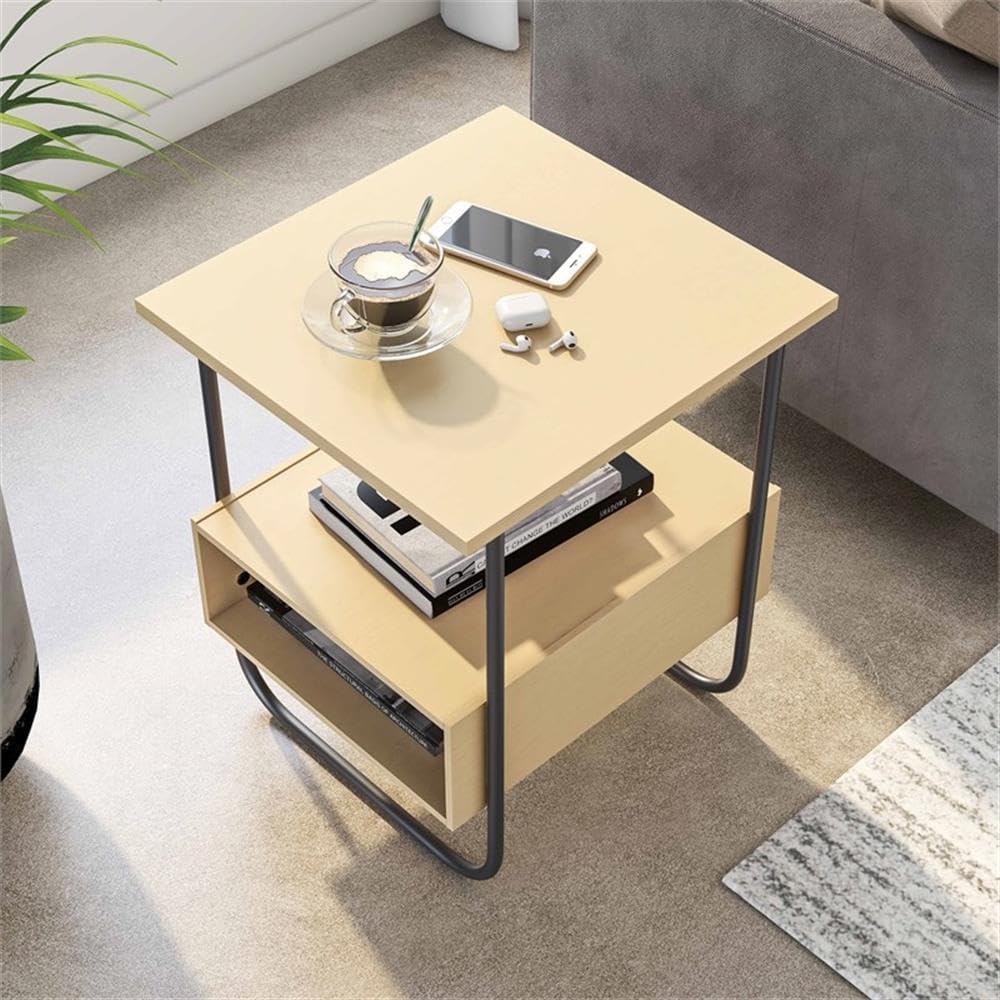 BOWERY HILL Contemporary 2-Shelf End Table, 18.5"x17.5"x22", Light Maple Finish, MDF Composite Board with Metal Legs, Open Shelf Storage, Side Compartments, Living Room or Bedroom Furniture