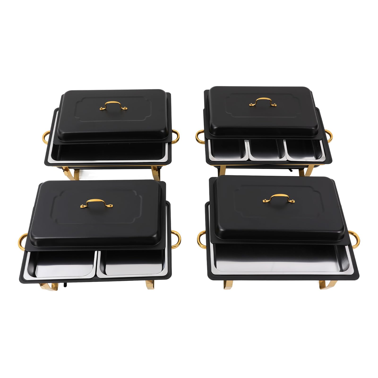 Chafing Dish zestaw pojemników do podgrzewania, zestaw 4 pojemników do podgrzewania potraw ze stali nierdzewnej, 2 x pojemniki GN 1/1, 2 x pojemniki GN 1/2 i 3 x pojemniki GN 1/3, podgrzewacz do