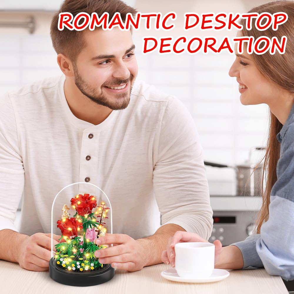 Dhqkqg Mini Rose Flower Bouquet Building Sets, Flower Bouquet Building Kit with LED Lighting, Rose Sets with Dust-Proof Dome - Image 2