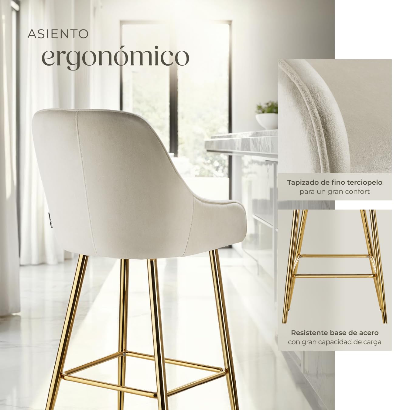 tectake® Taburete Alto con Respaldo, Acolchado, Terciopelo Suave, Patas Acero Galvanizado, Pies Antideslizantes, Altura Ajustable, Carga Máx: 120 kg, Silla Cocina o Bar - 2 sillas Crema/Oro