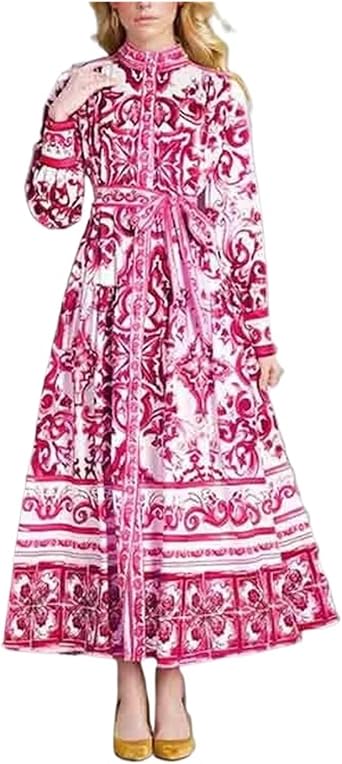 BESTHAHA Retro Lantern Sleeve Printed Long Sleeved Pleated Dress for WomenRed,Small
