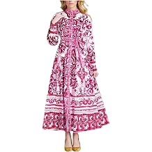 BESTHAHA Retro Lantern Sleeve Printed Long Sleeved Pleated Dress for WomenRed,Small