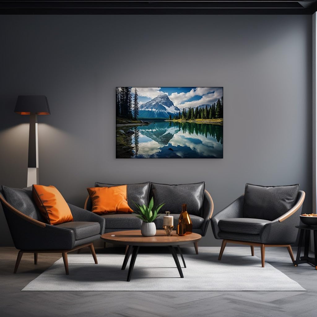 Canvas for Living room. Mirror of Serenity: A Pristine Lake Reflects the Majesty of Snow-Capped Splendor, 27 x 18 inch Canvas Wall Art - Contemporary Masterpieces - Modern Home Decor