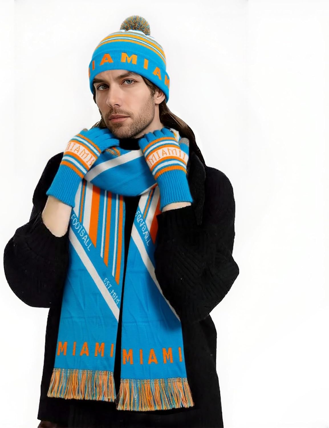 3 Set Winter Fashion Beanie Hat Knit with Warm Gloves and Scarf for Football Baseball Fans