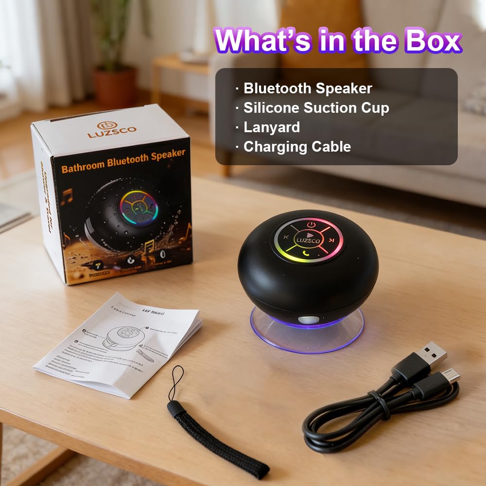 Altavoz de ducha Bluetooth con LED, mini altavoz inalámbrico, color negro