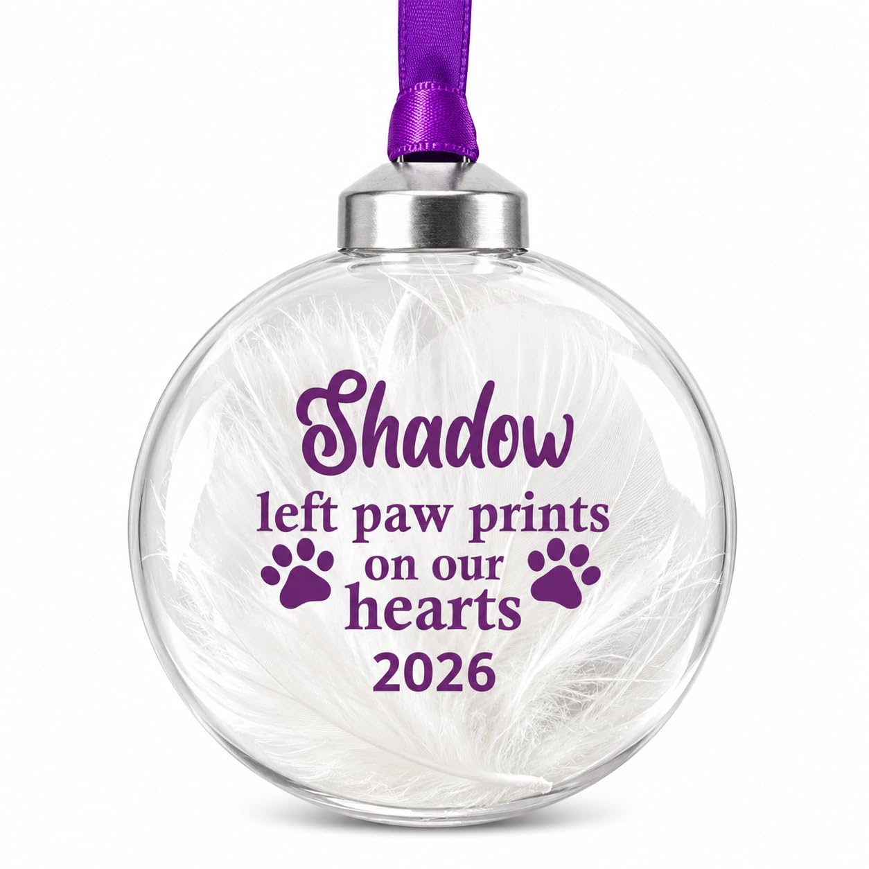 Personalised Pet Memorial Glass Bauble Left Paw Prints On Our Hearts in 11 Colours White Feather Filled. Remember A Beloved Pet Dog Cat Or Pet (Purple)