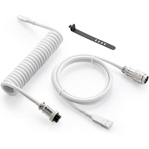 GUNMJO Pro Custom Coiled USB C Cable for Gaming Keyboard, Double-Sleeved Mechanical Keyboard Cable with Detachable Metal Aviator, 1.5M USB-C to USB-A, White Color