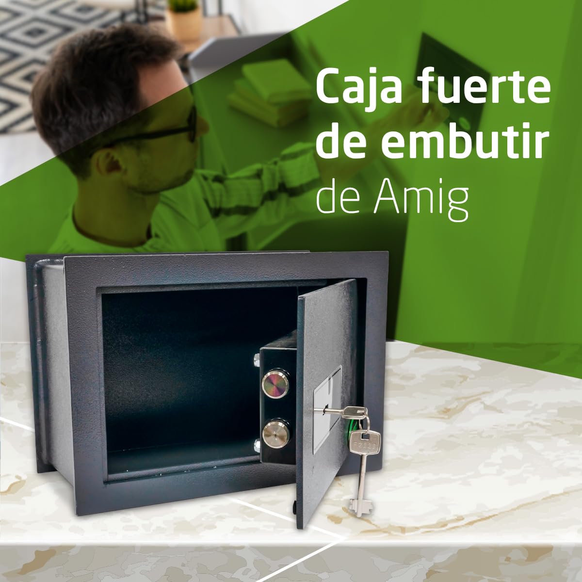 Amig - Caja Fuerte de Embutir con Llave de Gorja - Acero - Caja de Seguridad para Pared, Discreta y Segura - Ideal para Casa - Protección de Dinero y Objetos de Valor - 30x15x20 cm