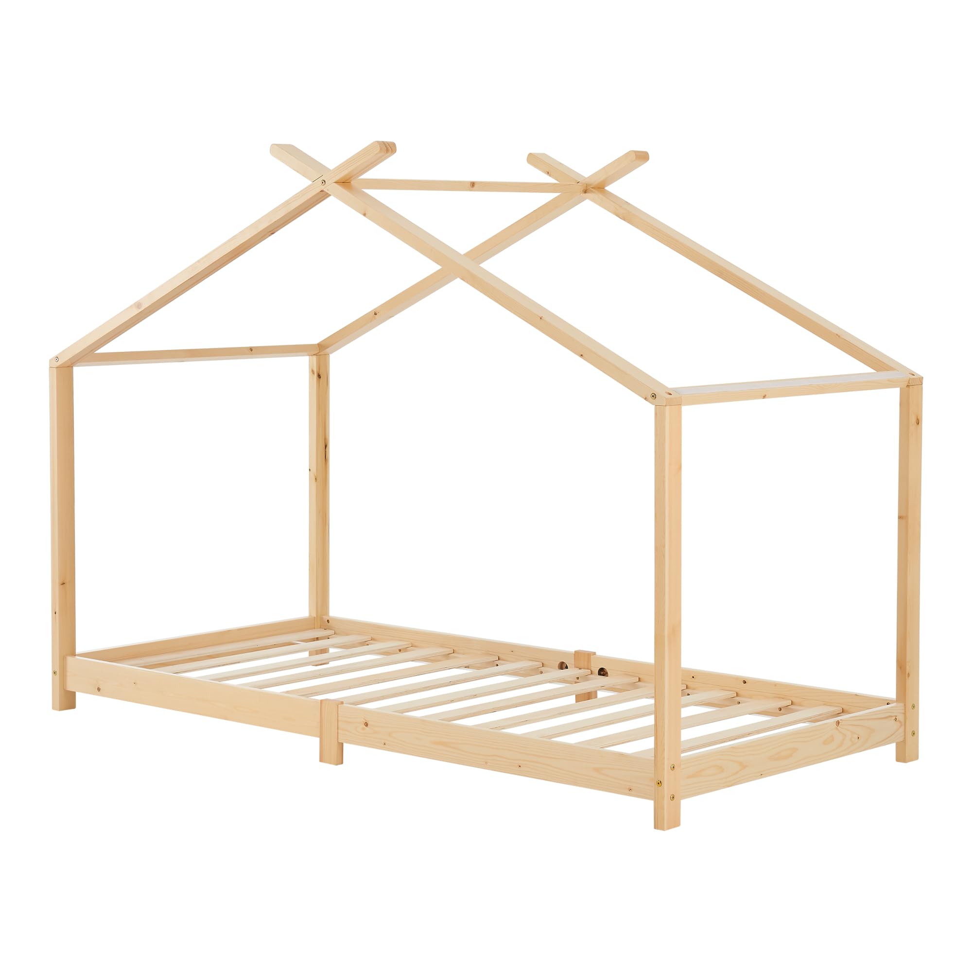 [en.casa] Cama para Niños con Techo de Textil Desmontable Cama Infantil Individual con Somier Estructura en Forma de Casa Estilo Montessori 90 x 200 cm Madera Pino - Natural y Beige