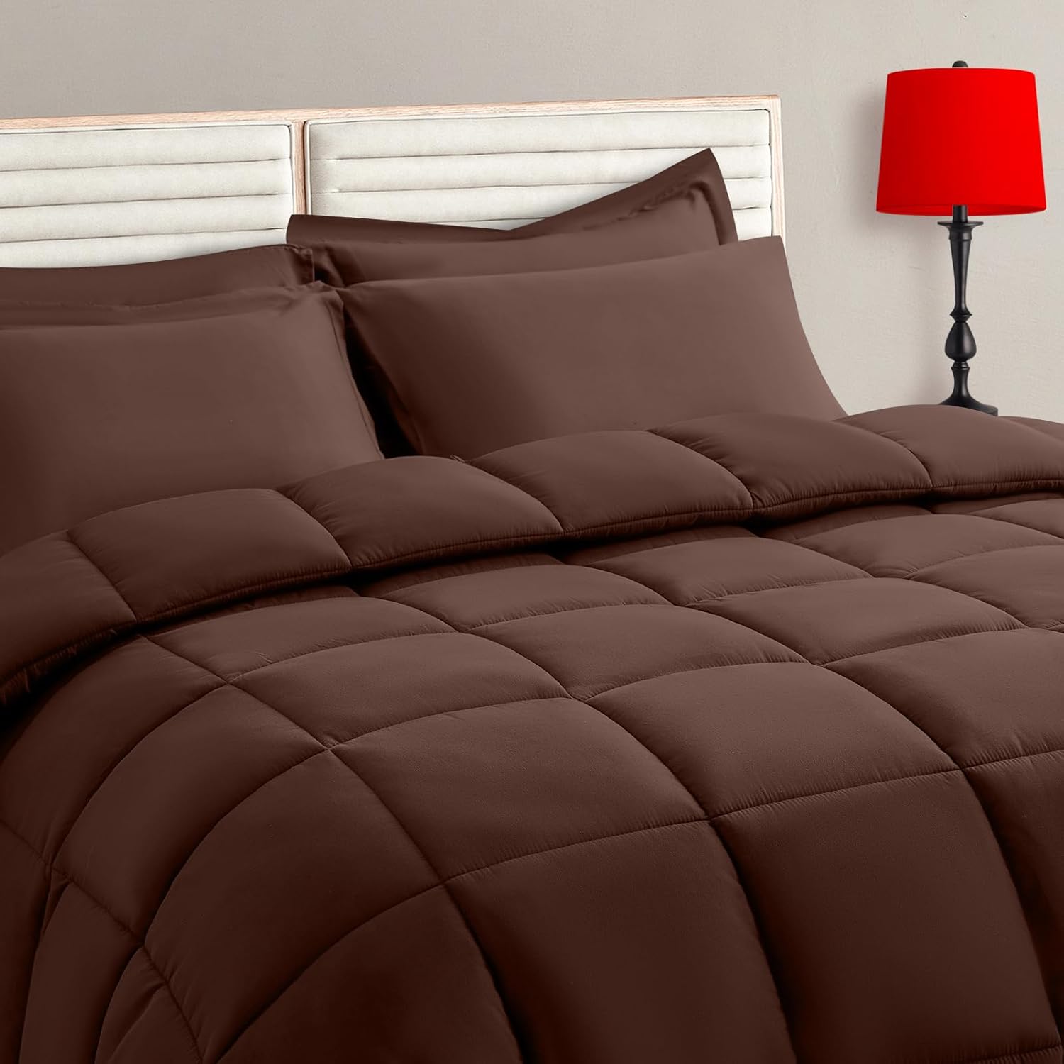 TAIMIT Brown King Comforter Set - 7 Pieces, Bed in a Bag Bedding Sets with All Season Soft Quilted Warm Fluffy Comforter,Flat Sheet,Fitted Sheet,2 Pillow Shams,2 Pillowcases King Brown