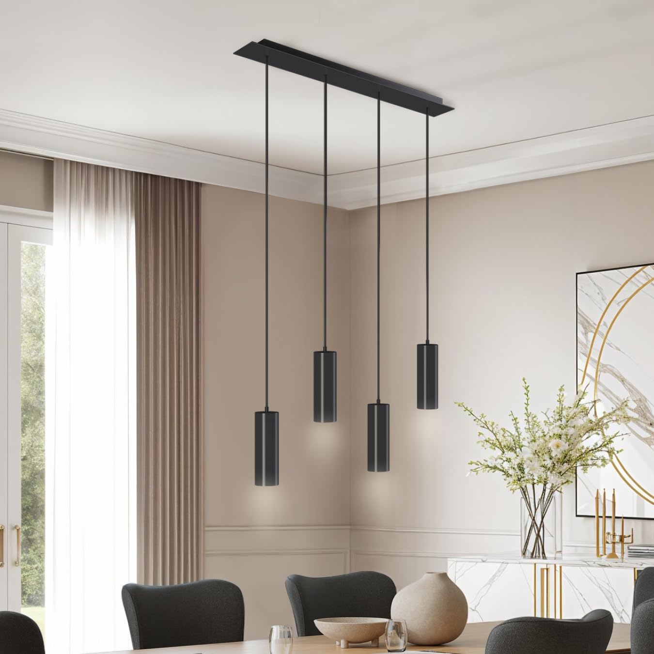 tectake® moderne Pendelleuchte, Deckenlampe schwarz, Deckenleuchte 4-flammig, höhenverstellbare Pendel Hängelampe für Esstisch, Küche, Wohnzimmer, als Flurlampe, Schlafzimmerlampe