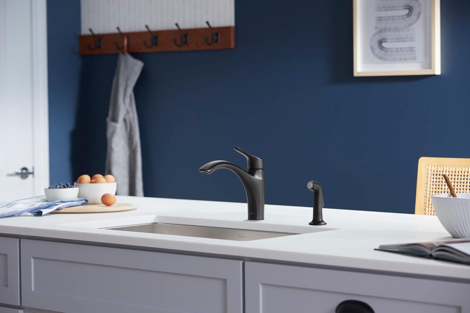 KOHLER 30470-BL Rival Swing Spout Kitchen Sink Faucet with Side Sprayer, High-Arch Single Handle, Temperature Memory, Corrosion Resistant, Matte Black