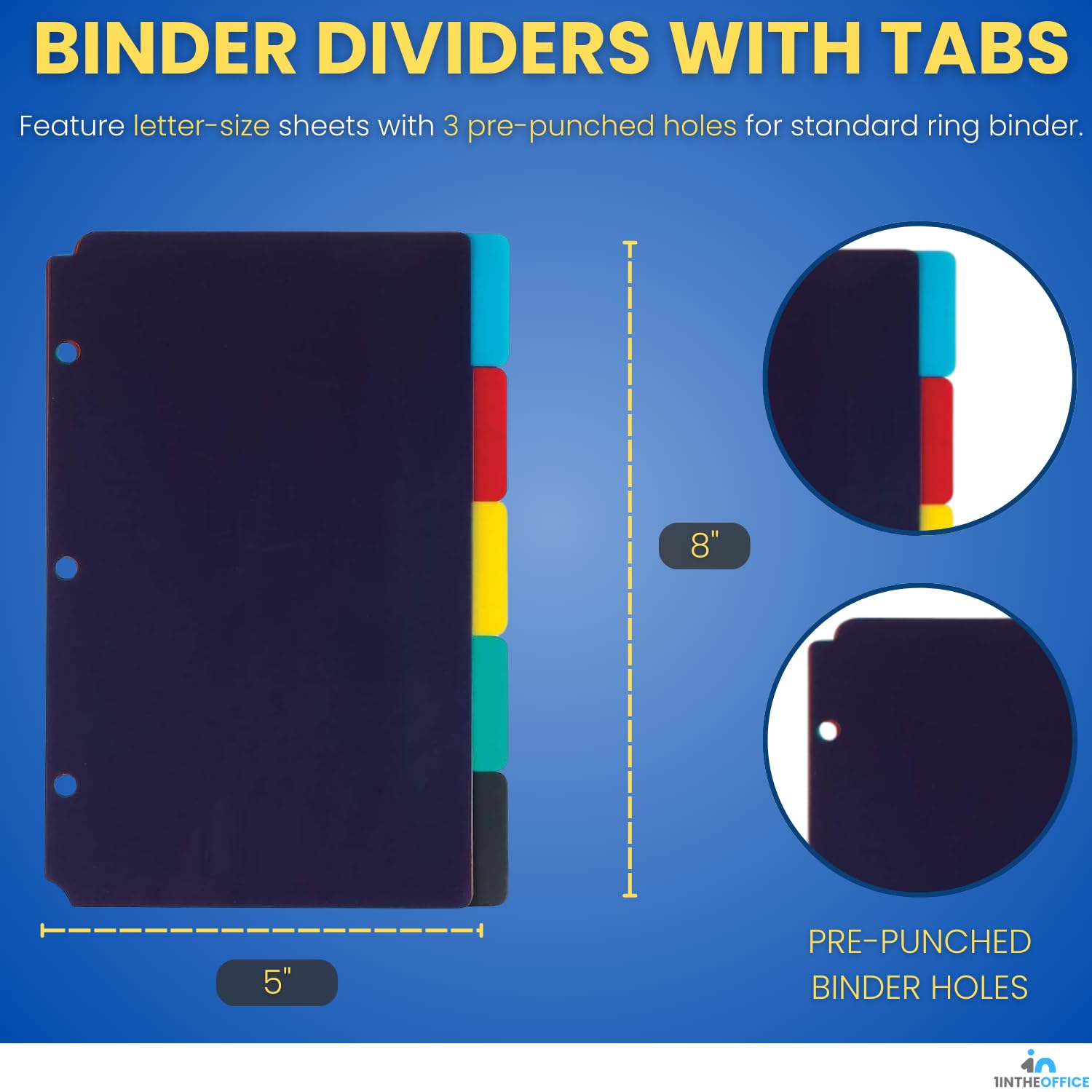 1InTheOffice Mini Binder dividers 5x8, 5 tab dividers for 3 Ring Binder Assorted Colors (Set 5 Tabs) - Image 2