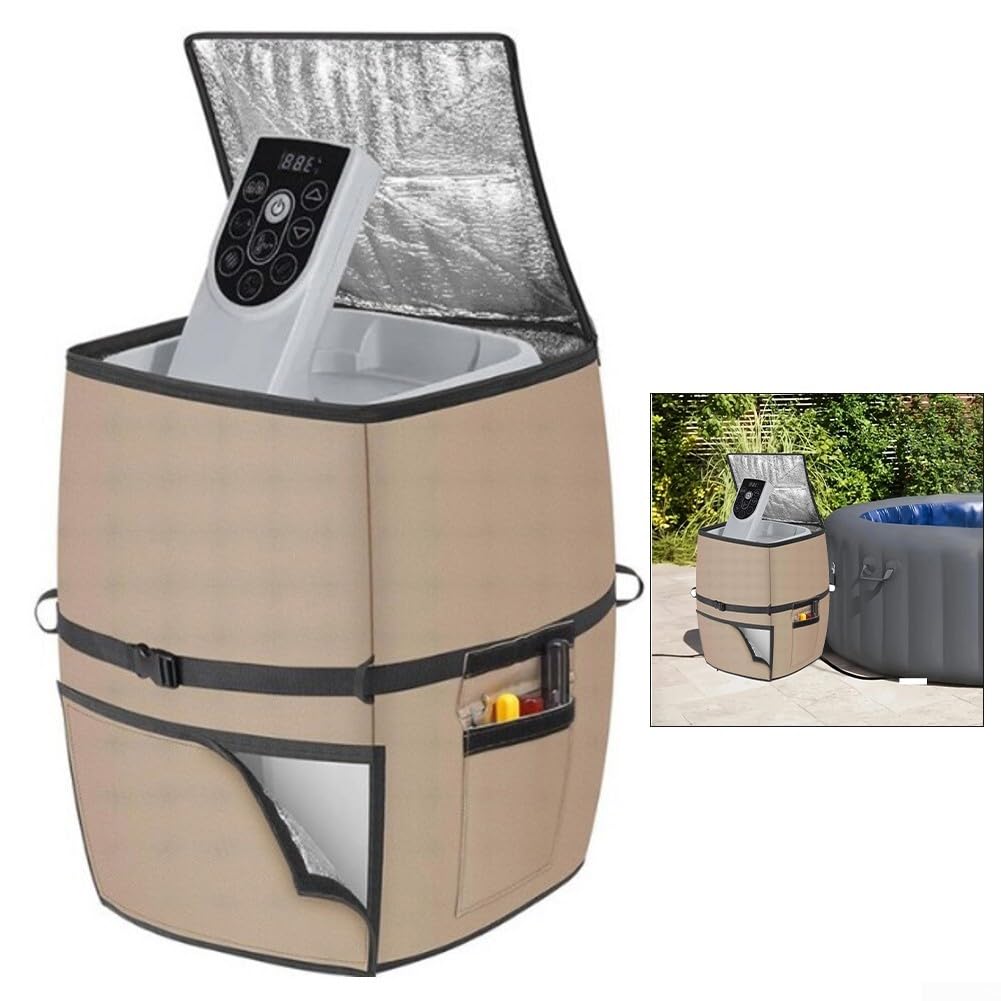 Spa-Pumpenabdeckung, 600D Oxford mit Aluminiumisolierung, wasserdichte Heizjacke für Outdoor-Whirlpool-Pumpen, winddichte Gurte und Aufbewahrungstasche, Khaki