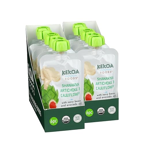 Kekoa Foods Puré de comida vegetariana 100% orgánica para bebés, sin gluten, vegano, bolsa exprimible de 3.5 onzas (Shawarma, alcachofa y coliflor,