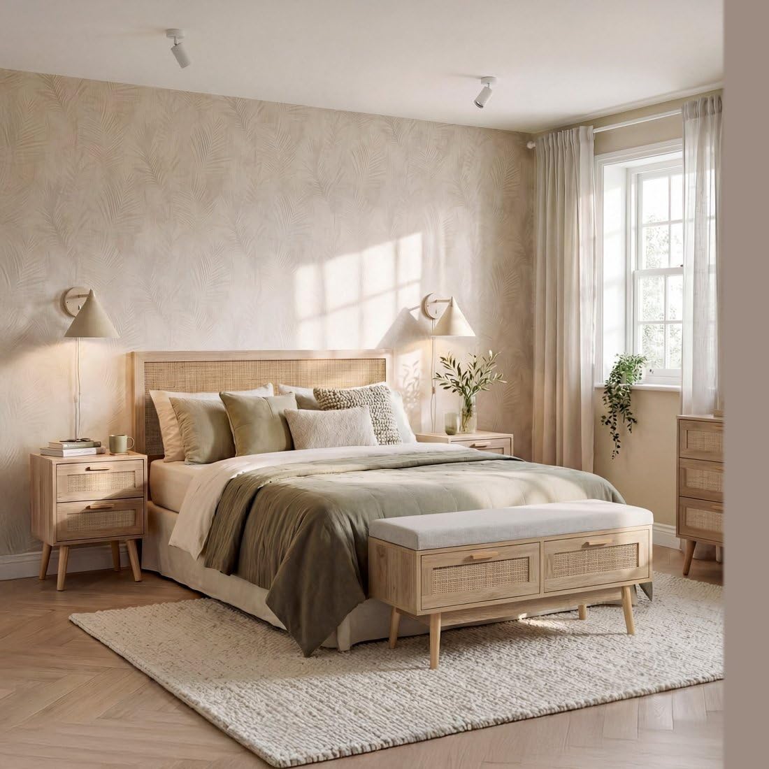 KLAST Banc en Bois et Rotin Naturel avec Coussin Tahiti Comprend Deux Tiroirs et Apporte Une Touche Naturelle et Confort à Tout Espace