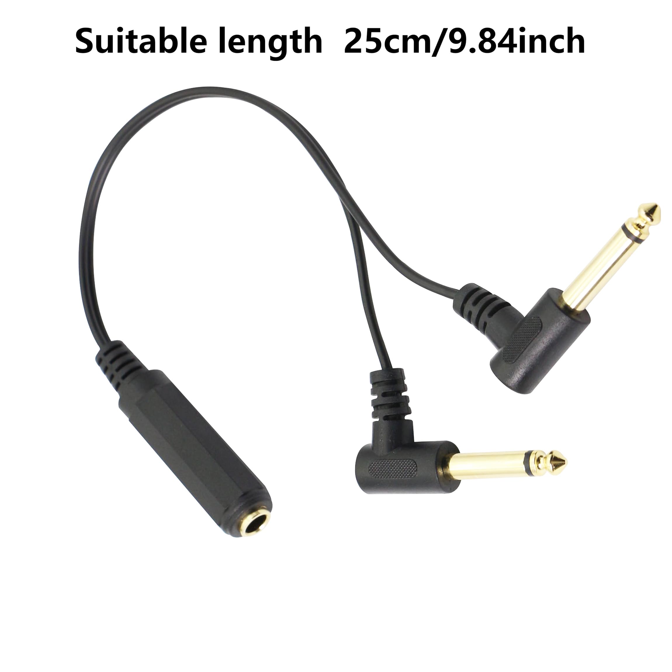 Adattatore stereo TRS femmina da 6,35 mm a doppio connettore TS mono maschio da 6,35 mm, splitter a 90 gradi, cavo splitter audio da femmina a 2 maschio, placcato oro, 25 cm