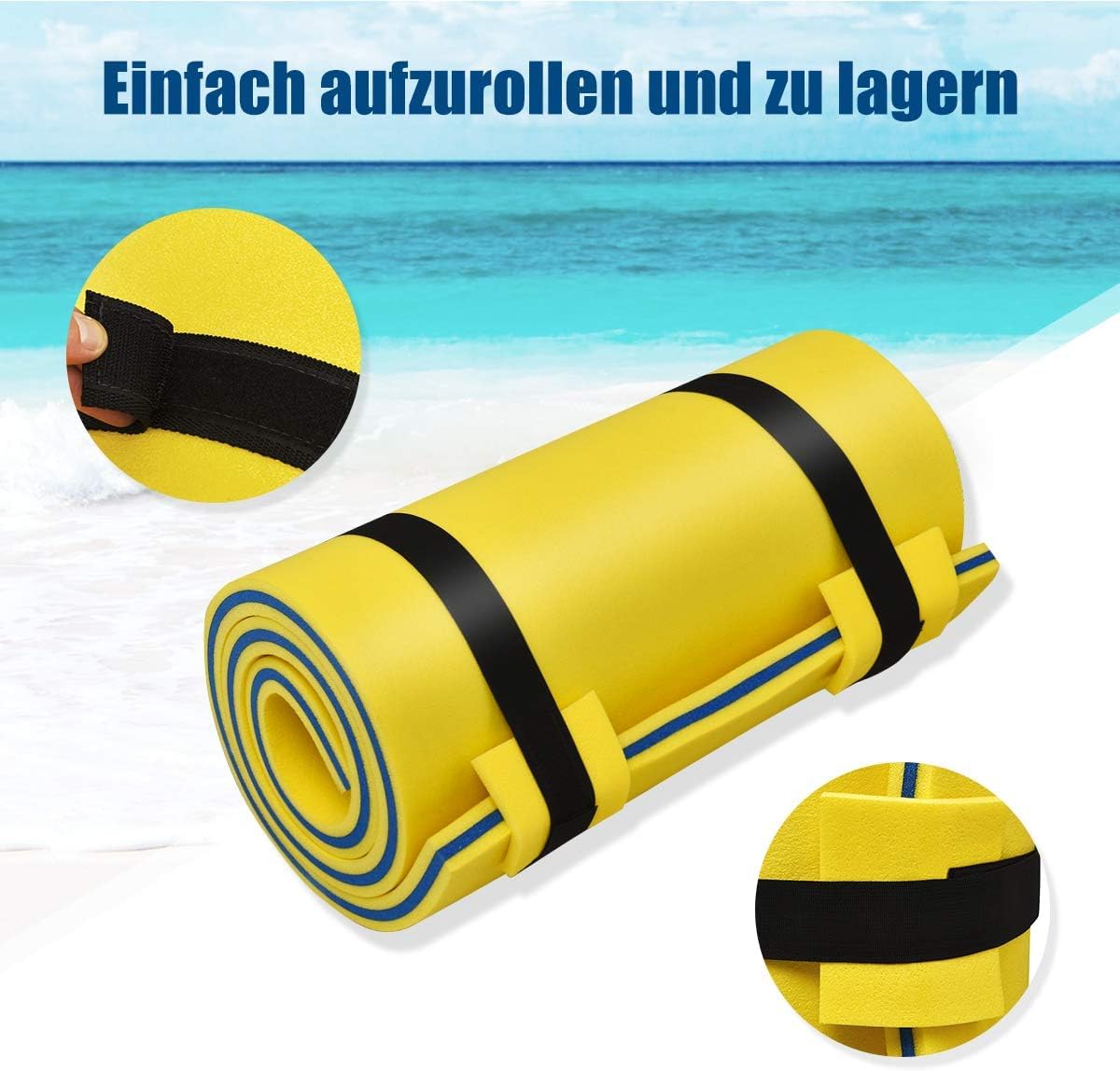 FANTASK Schwimmmatte 210 x 66 cm, schwimmende Wassermatte bis 60 kg belastbar, schwimmender Matte aus reißfestem XPE-Schaumstoff, Gelb