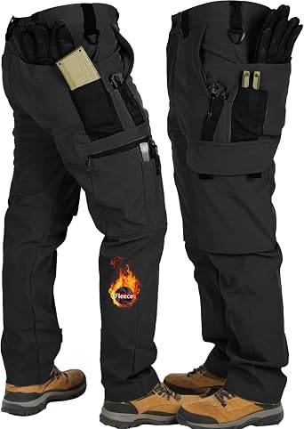 Mens Fleece Lined Snow Ski Pants Wateproof Windproof Softshell Tactical Pant Winter Outdoor Hiking Fishing Black